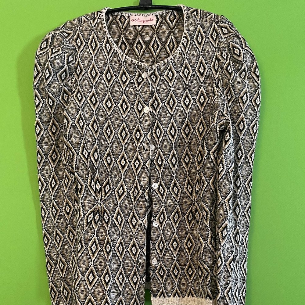 Cecelia Prado Black, White, and Gold Diamond pattern Cardigan
